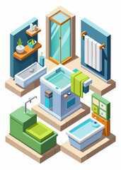 Modern bathroom interior in isometric view with vanity, bathtub, and decor elements. Stylish isometric bathroom furniture layout for home design, renovation, and real estate visualization.

