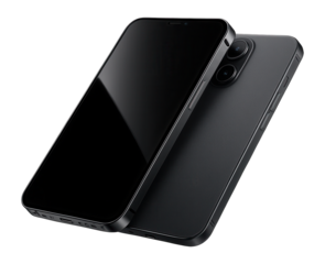 Two sleek black smartphones with dual cameras and flat edges on transparent background.