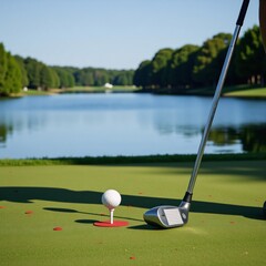 Cool Golf preparation scene tee ball and serene lake highlighting focus and calm for sports and leisure imagery