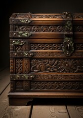 Fototapeta premium Antique Carved Wooden Chest - A richly detailed antique wooden chest, showcasing intricate carvings of mythical creatures and floral patterns.
