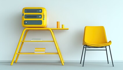 Yellow shelving unit with a server and a chair.
