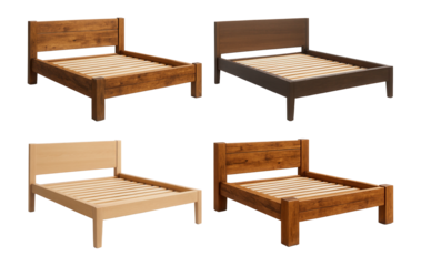 Four wooden bed frames in different wood finishes and styles, showcasing classic and modern designs on transparent background.