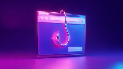 A vibrant digital illustration of a web browser with a fishing hook, symbolizing phishing attacks in a colorful, neon style.