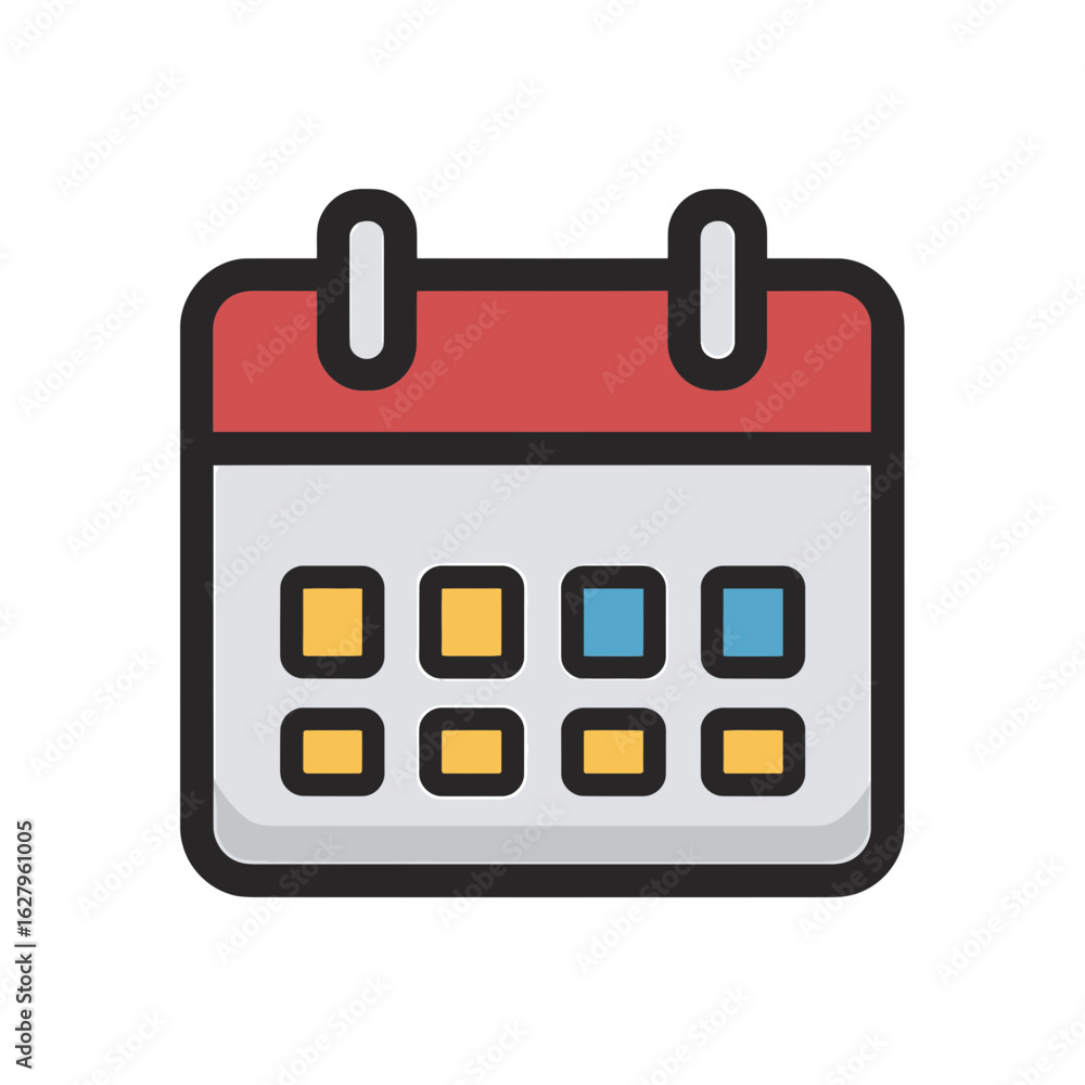 Poster flat vector icon of a calendar with red top, with yellow and blue dates, concept for scheduling appo