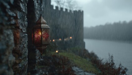 Ornate lantern on castle wall, rain, lake