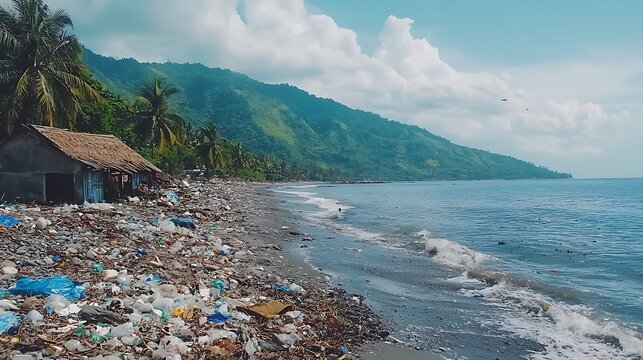 Polluted beach with plastic debris on a tropical coast