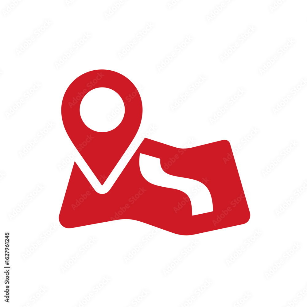 Poster red map icon with location pointer marking a route, concept for travel planning, delivery service in