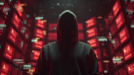 Obraz premium A mysterious figure in a hoodie stands against a backdrop of red glowing screens, exuding a sense of intrigue and secrecy.