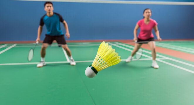 Badminton Doubles Match Action - Dynamic badminton doubles action, showcasing intense focus, speed, and precision. Players in a competitive match, shuttlecock in flight, energetic atmosphere.