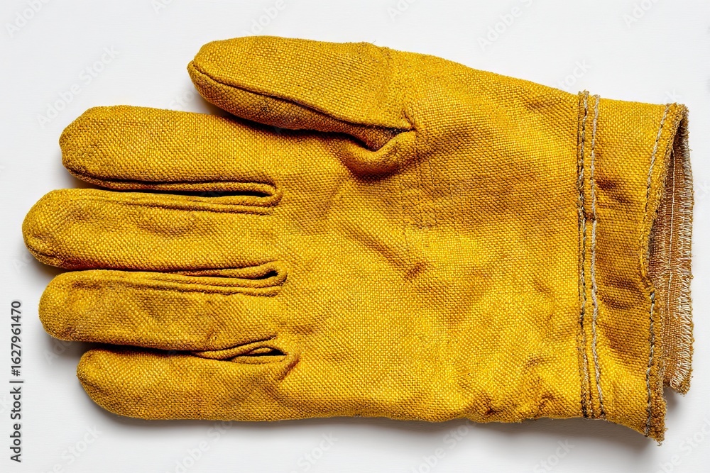 Poster work glove resting on a flat surface, showcasing the texture and color near a workspace in daylight
