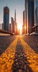 City street at sunset, yellow lines, skyscrapers in background