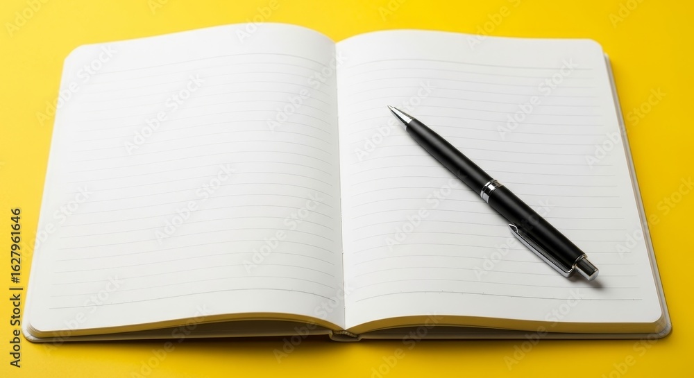 Poster blank notebook and pen on yellow - open notebook with lined pages and a black pen resting on the pag