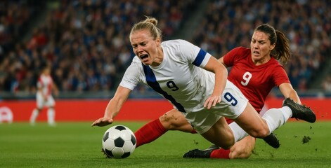 Competitive action between two female soccer players on the field
