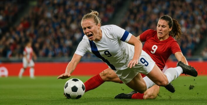 Competitive action between two female soccer players on the field