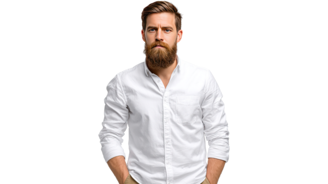 Handsome man in white shirt: A sophisticated portrait captures a man's intense gaze and refined composure, presented against a clean and modern backdrop.