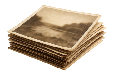 Stack of vintage sepia-toned photographs with landscape imagery, showcasing nostalgic and antique aesthetics on transparent background.