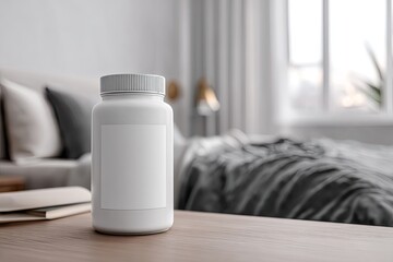 A white plastic bottle with blank label sits on a light brown wooden nightstand in a bedroom.  Blurred background shows a bed with gray bedding, pillows, and a window