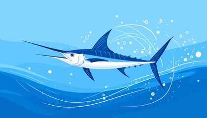 Stylized blue marlin with a long bill and large dorsal fin, swimming dynamically in a graphic art style.