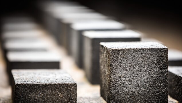 Dark cubes in precise rows, shallow focus