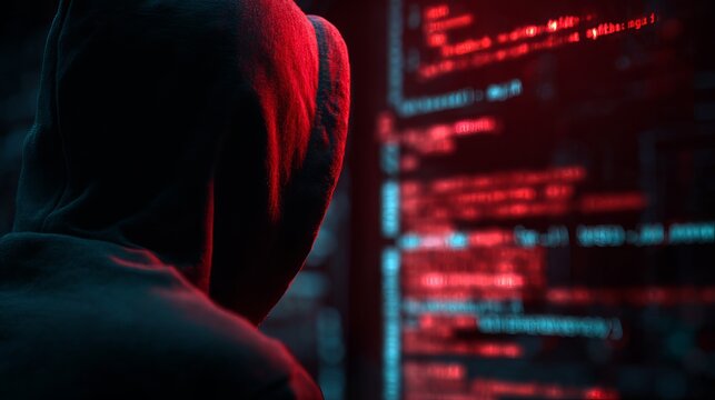 A hooded figure engaged in coding, surrounded by glowing red text, evokes a sense of mystery and digital intrigue.