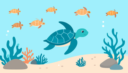 A vibrant cartoon underwater scene with a large teal turtle and orange hatchlings swimming.