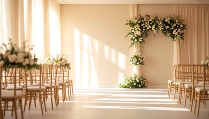 Wedding Ceremony Venue with Floral Arch and Sunlight Streaming in