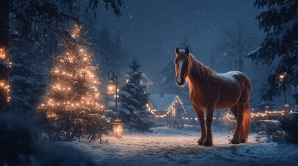 Red Horse in Winter Village with Lights