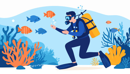 Male scuba diver in a blue wetsuit with a yellow tank interacting with curious fish.