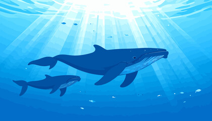 Graceful Blue Whale Mother and Calf Swimming in a Stylized Underwater Scene.