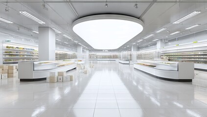Fototapeta premium Modern supermarket interior with white display shelving and refrigerated counters.