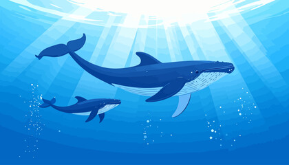 Obraz premium Stylized illustration of a majestic blue whale and its young calf swimming gracefully side-by-side.