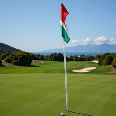 Obraz premium Ok Image of a golf flag on a lush green course amidst rolling hills set against a clear blue sky