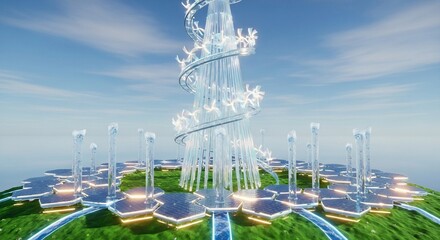 Futuristic cityscape featuring a spiraling crystal tower surrounded by hexagonal platforms, set against a blue sky, showcasing innovative design and eco-friendly technology.