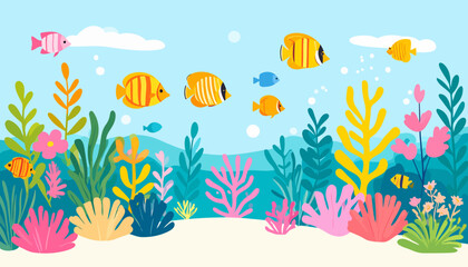 Vibrant illustration of a colorful underwater world with tropical fish and whimsical sea plants.