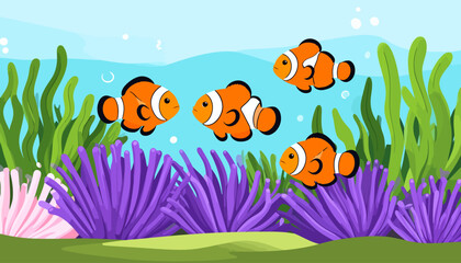 A vibrant school of four cartoon clownfish with orange bodies, white stripes, and black fins.