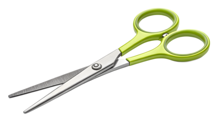 Green handled scissors, stainless steel blades, cutting and trimming tool for crafts on transparent background