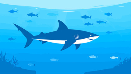 Naklejka premium A stylized blue and white shark illustration with sharp fins and gills, swimming in profile view.