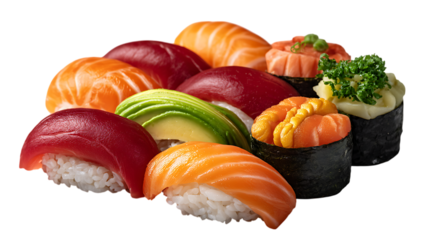 Assortment of fresh sushi nigiri and rolls isolated on transparent background