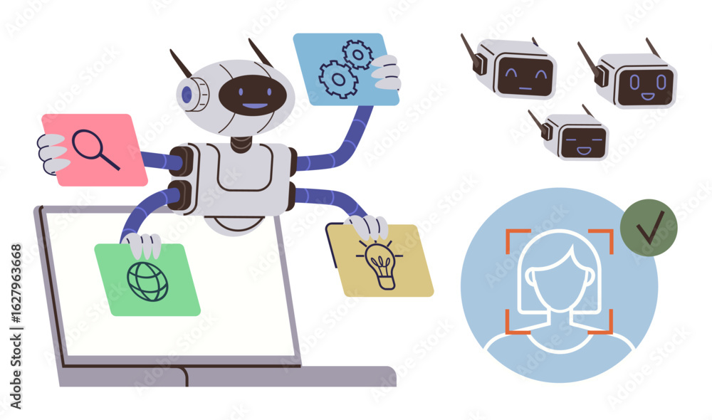 Poster robot multitasking with search, globe, ideas, and gears icons on a laptop, smiling smart robots in c