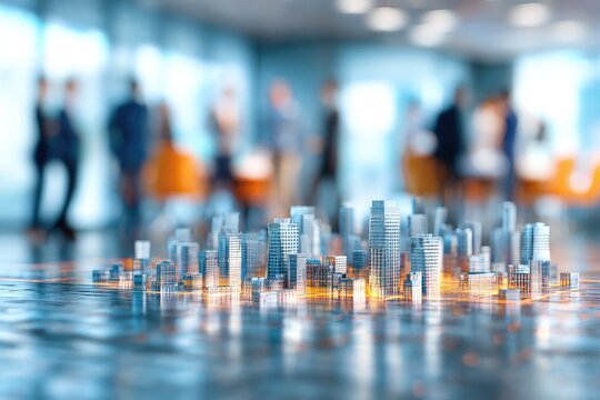 City model on reflective surface, blurred business people in background