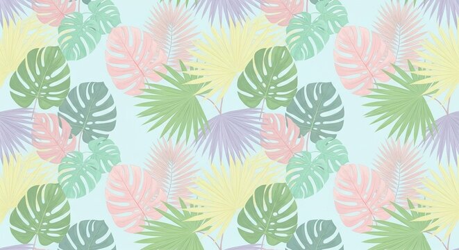 Fototapeta Vibrant pastel tropical leaves pattern with monstera and palm fronds on a soft blue background.