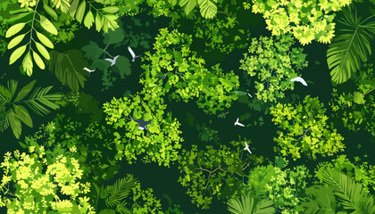 Stylized aerial illustration of birds flying over a dense, vibrant green jungle canopy with diverse foliage.