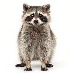 Raccoon Portrait, Fluffy Grey Fur, Dark Eyes, Isolated on White Background
