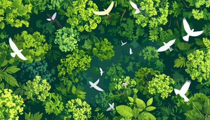 Flock of stylized white birds flying over a lush, dense green jungle canopy. Aerial top-down illustration.