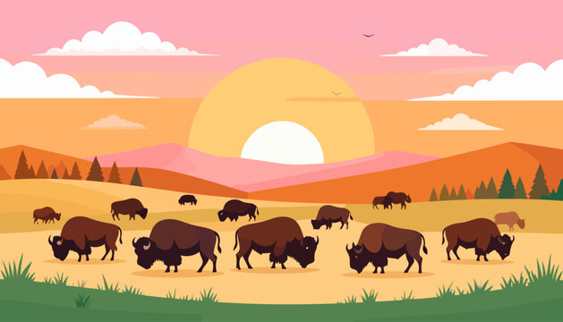 A stylized vector illustration of a large herd of brown American bison grazing on a prairie.