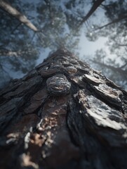 Close-up view of a pine tree trunk, looking upward.  Deep textures and shades of brown, gray, and muted blue on the bark.  Sunlight filters through the canopy above