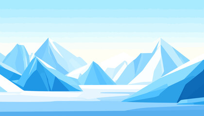 Minimalist arctic landscape with geometric blue icebergs and white snow-capped peaks.