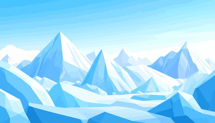 Stylized arctic mountain range with sharp, geometric peaks and glaciers in shades of blue and white.