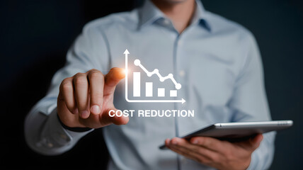 Professional businessman expertly analyzes declining cost reduction graph on digital display, optimizing financial strategy for business growth