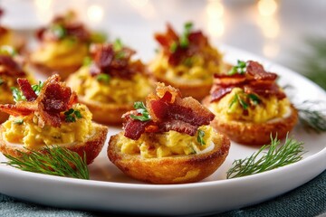 Festive deviled eggs, crispy, golden-brown, garnished with crispy bacon bits and fresh herbs, arranged on a white plate